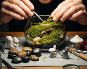 ガラス様にに苔アートをピンセットでレイアウトを決めている画像