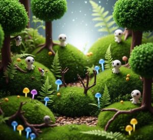 苔アートで妖精などを配置してメルヘンを演出した苔アート