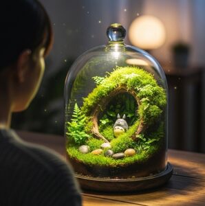 専用のガラス容器の入れてディスプレーされた苔アート