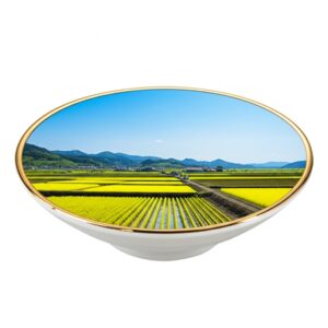 お茶碗にたんぼの画像がはめ込んである画像