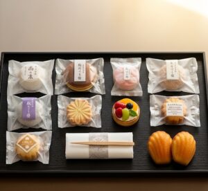 お供えの和菓子が黒いお盆に並べられている画像