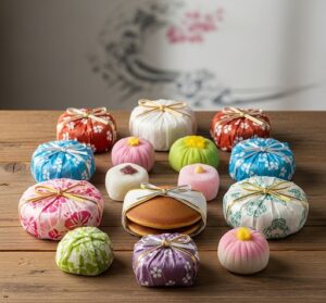 丸い円形をしたお供え用の和菓子の画像