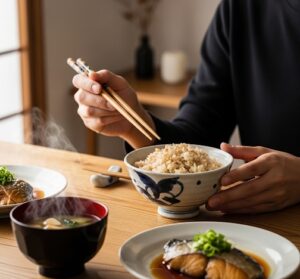 家庭用精米機で精米したごはんを食べている画像