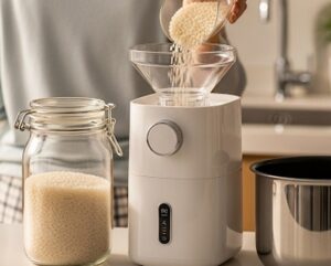 家庭用で精米機に玄米を投入しているところ