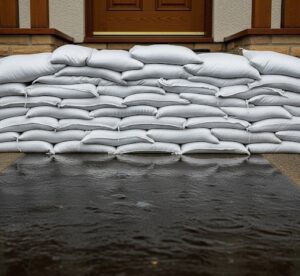 建物の前に迫った水を土嚢を摘み上げて水の浸入を防いでいる画像