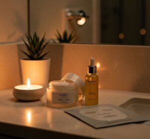 ろうそくの隣に置かれた夜のスキンケア商品