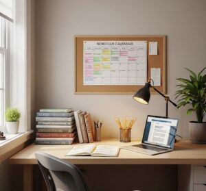 勉強部屋のデスクに宿題は積んである画像