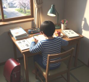 夏休みの宿題をデスクに向かって取り組んでいる子供