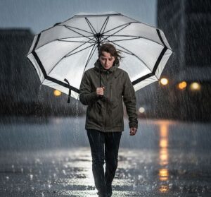 薄暗く雨の中をあ売りている女性