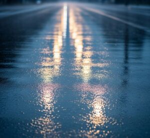 雨が降って路面が濡れている画像