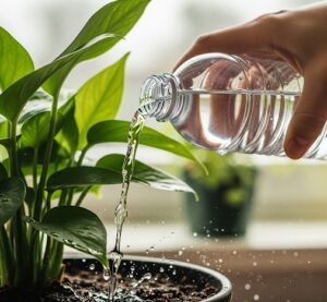 賞味期限キレのミネラルウォーターを観葉植物の水やりに使用している画像