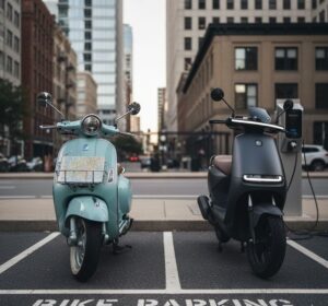 電動バイクの横に50㏄バイクが駐車している画像