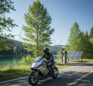 中型バイクで路上を走行している画像