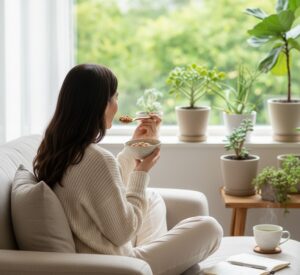 窓辺で酢納豆を食べながらリラックスしている様子