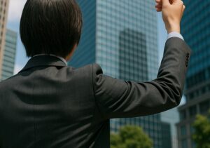 丸の内の高層ビルに向かってガッツポーズをしている画像