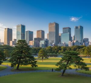丸の内ののオフィスビルが見せる皇居の公園