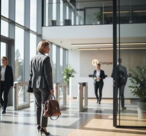 転職して会社のエントランスから初出社する40代の女性