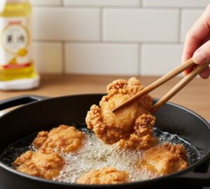 揚げ物をする手元のクローズアップ画像