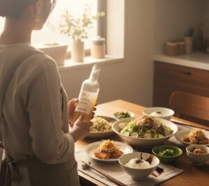 煮干し酢が入ったおしゃれな保存瓶と、その隣に煮干しと酢が並べられた静物画