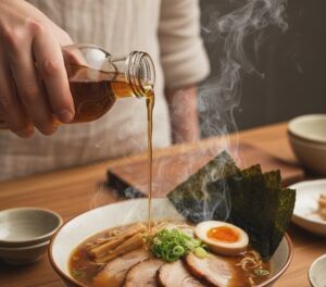 湯気の立つラーメン鉢と、煮干し酢の瓶を傾ける手が映っているイメージ