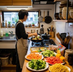 業務スーパーの冷凍食材で晩御飯を作っている画像