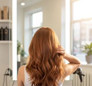 ヘナ染め後の髪の手触りを確かめる女性の後ろ姿