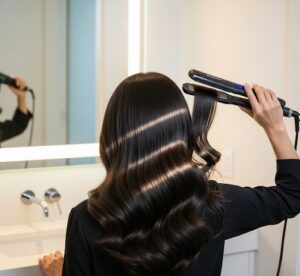 鏡に向かいながら黒髪にヘアアイロンを当てている画像