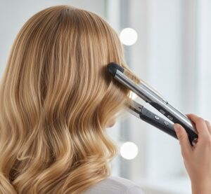 ブラウンヘアにヘアアイロンを当てている画像