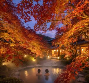 京都の紅葉ライトアップと温泉宿の風景