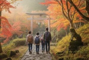 宝登山：紅葉の中を歩く家族