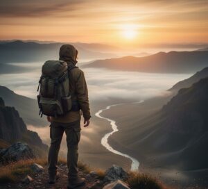 雲海を眺める登山者の画像