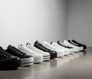 各社の厚底スニーカーが陳列されている画像