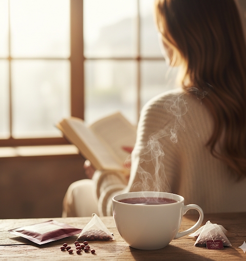 湯気の立つ小豆茶のカップと、その奥にぼんやりと映る女性の後ろ姿