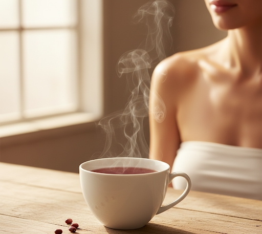 小豆茶が入ったスタイリッシュなカップが、光が当たる場所に置かれ、その奥にぼんやりと肌のキメが整った女性のデコルテラインが映り込むイメージ