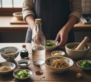 煮干しと酢、その他の材料が美しく配置されたイメージ