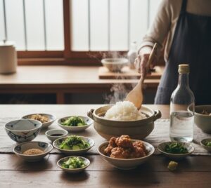 煮干し酢を使った料理が食卓に並んでいるイメージ