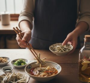 漬け終わった煮干しを使って南蛮漬けを作っている画像