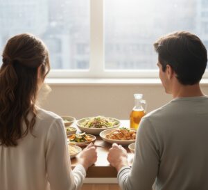 ごま油を使ったヘルシーな食卓のイメージ（後ろ姿の人物が食卓を囲む）