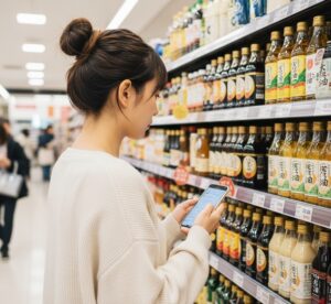 スーパーでごま油を選んでいる様子（後ろ姿の人物が棚の前で商品を見ている）