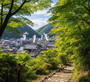 六甲山のふもとにある有馬温泉の画像
