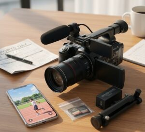 スマホとビデオカメラを並べて比較するシーン