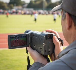 運動会で中古のビデオカメラを構える親の後ろ姿
