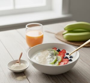 健康的な朝食と青いバナナパウダー