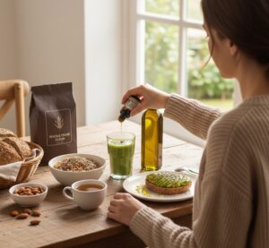 朝食にオリーブ油をドリンクに入れている画像