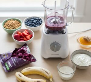 アサイーボウルの本格レシピでミキサーの側で準備される具材