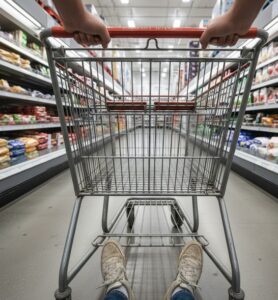 コストコの売り場をカートで押す足元と探し回る様子