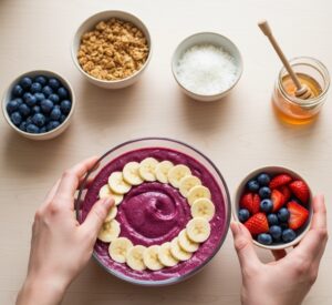 いよいよ美味しいアサイーボウルが完成する直前の、わくわくするような情景