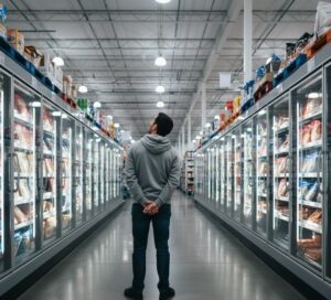 コストコのその広さに圧倒されながらも目的のアサイー商品を見つけようとする男性