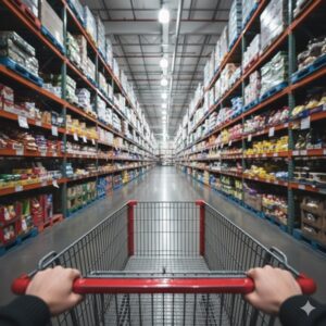 売り場の広い通路をカートを押しながら見回す画像