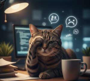 テーブルに置かれたコーヒーカップの横で、一匹の猫が前足を顔に当てて、まるで「やれやれ」と溜息をついているかのような仕草をしている画像